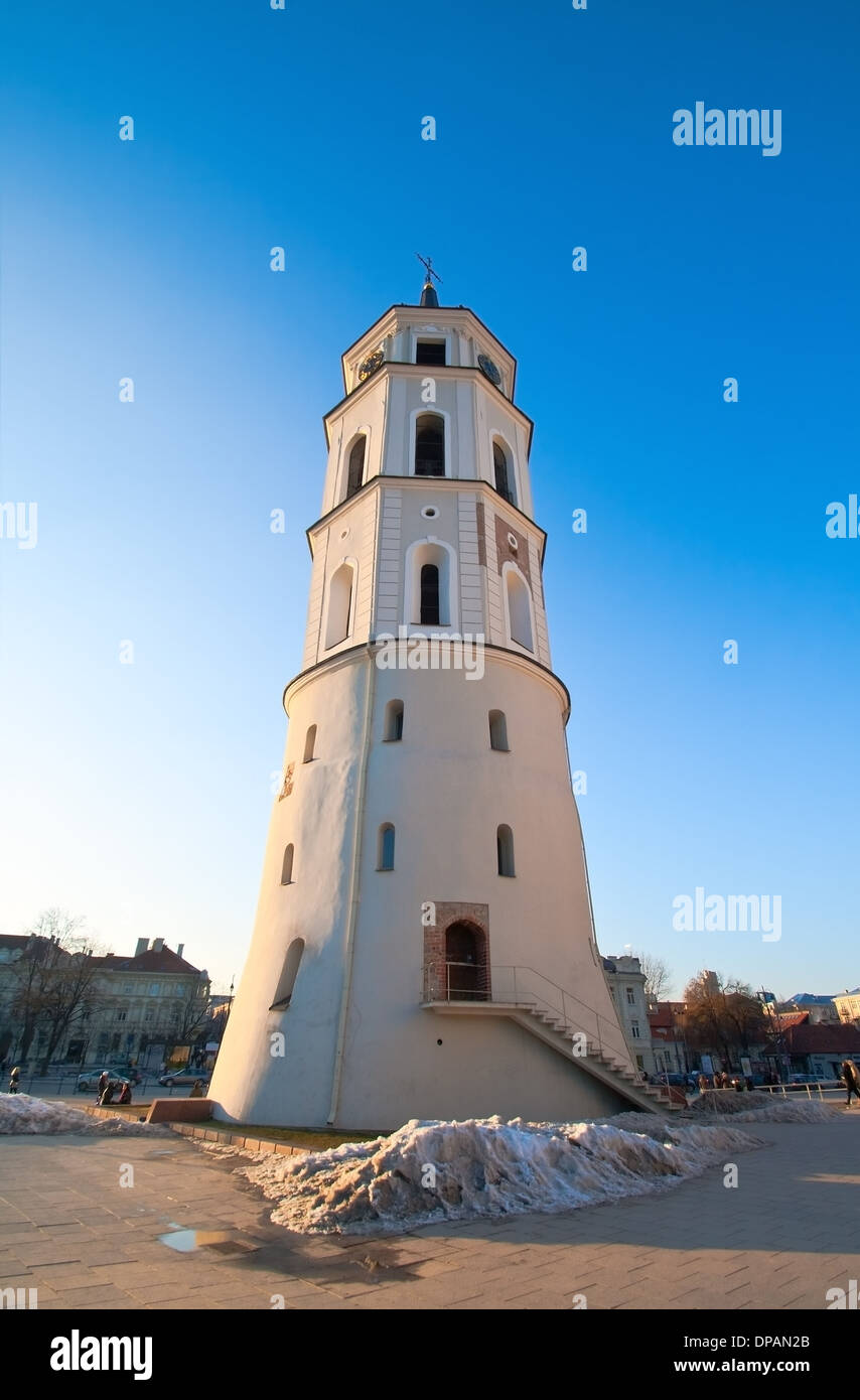 Belfry in Cathedral Square in the early spring. Vilnius, Lithuania. Stock Photo