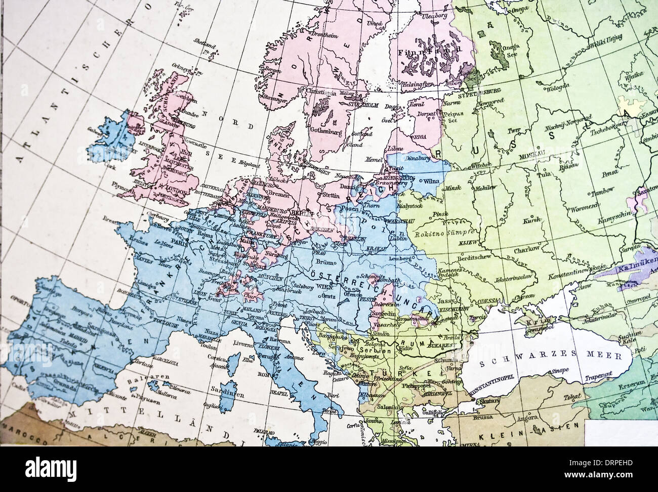 Ancient map or Europe. Handmade in 1881 Stock Photo