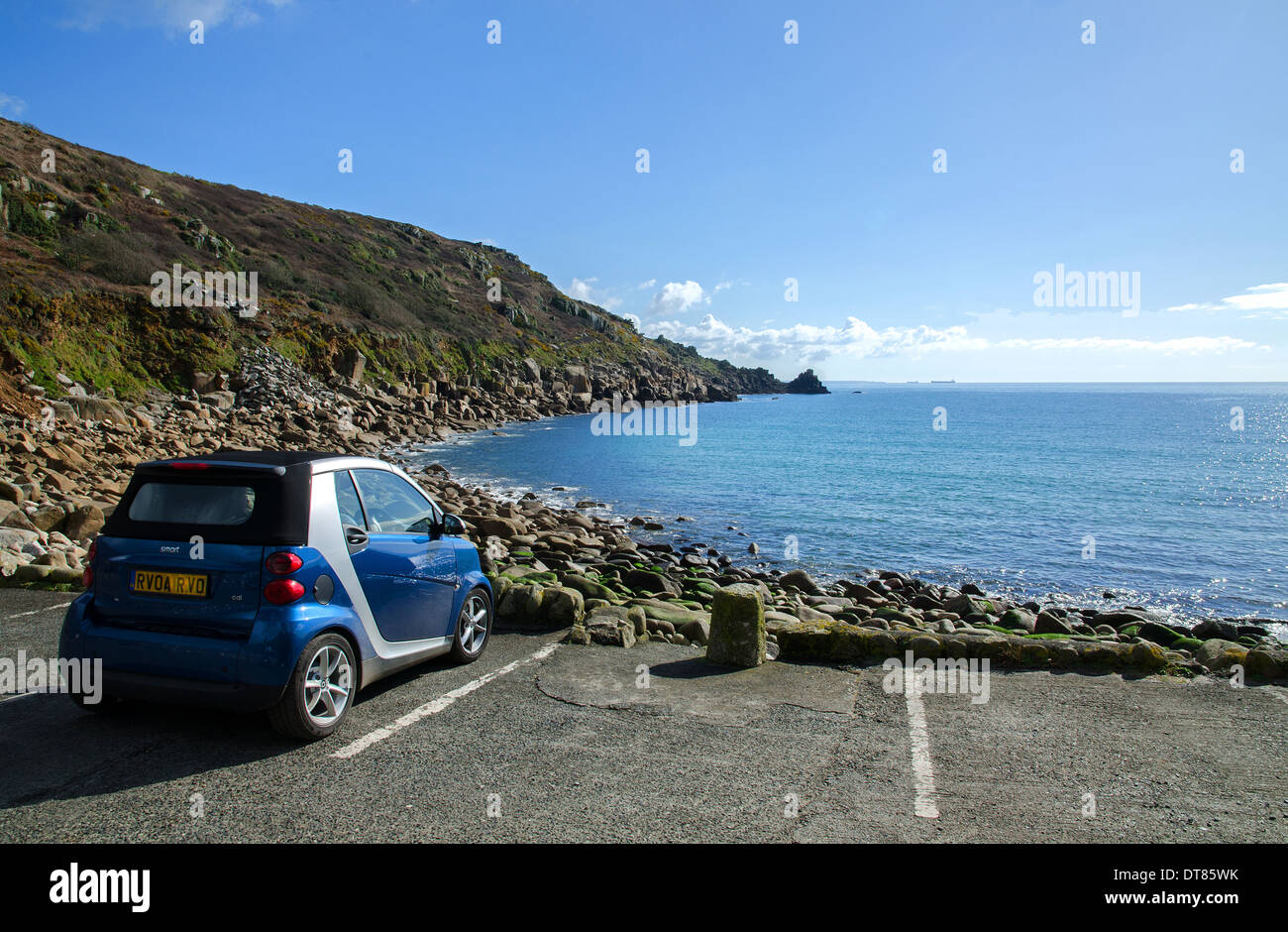 a car parked in the carpark at Lamorna cove, Cornwall, UK Stock Photo