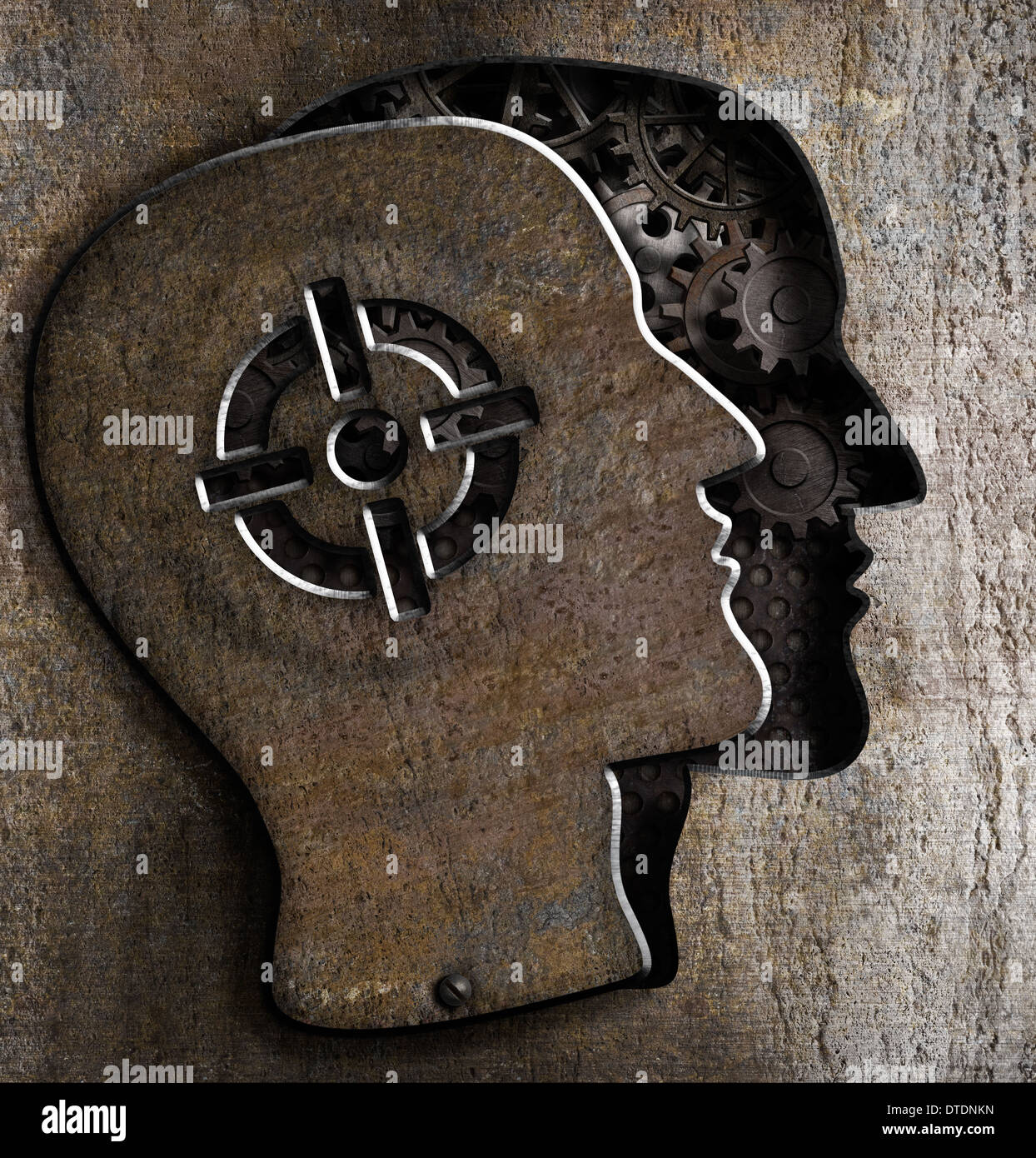 Human head with target mark on metal plate Stock Photo