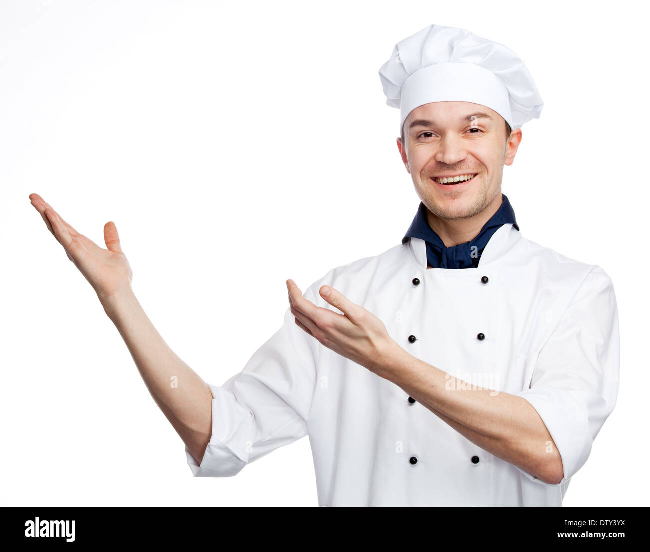 happy chef with welcoming gesture Stock Photo