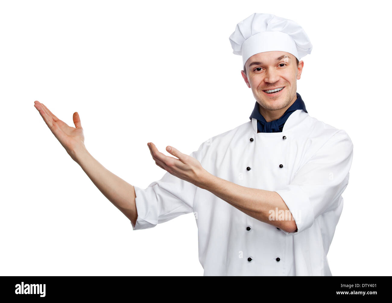 happy chef with welcoming gesture Stock Photo