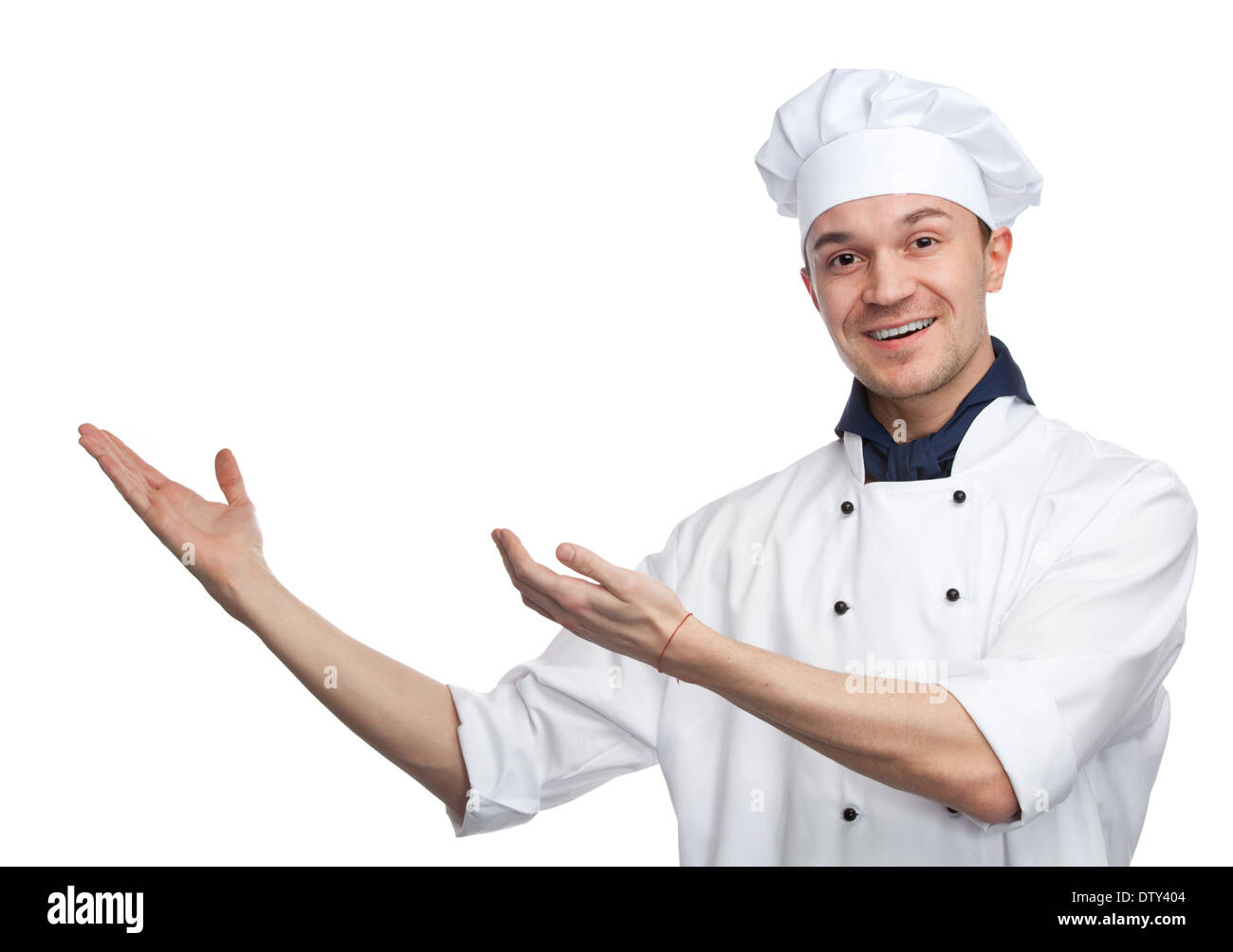 happy chef with welcoming gesture Stock Photo