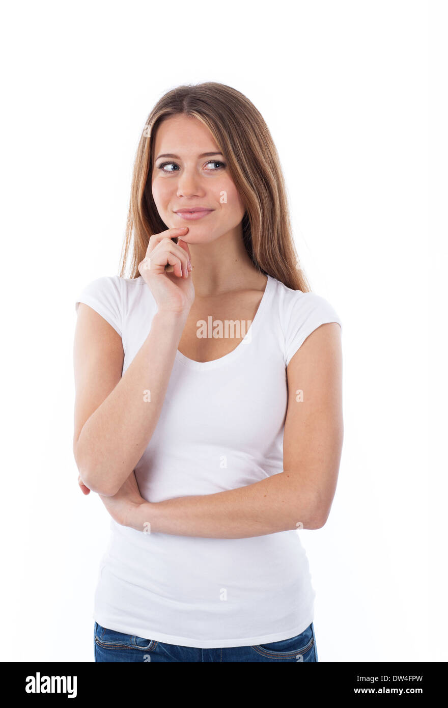 Portrait of a beautiful woman thinking and looking, isolated on white Stock Photo