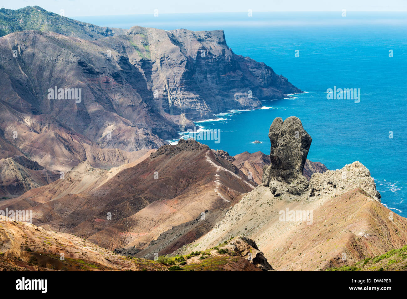 St Helena Island in the South Atlantic.  Lot's Wife rock formation on the southern side of the island with Sandy Bay below. Stock Photo