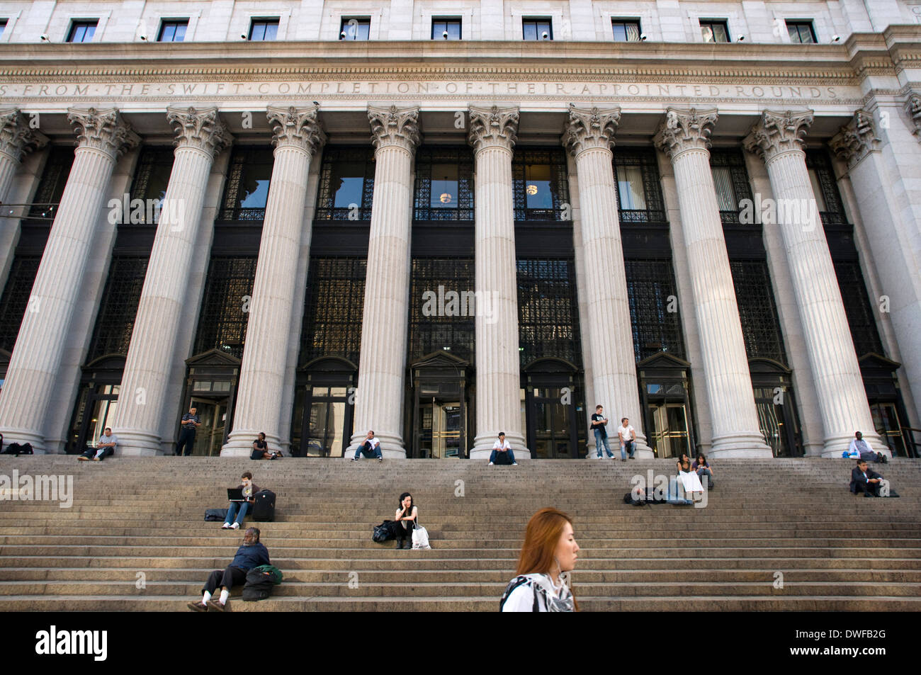 The General Post Office is located in the neighborhood of Chelsea, at 421 8th Avenue between 31 St. and 33 St. Telephone 212-967-8585 (open 24 hours a day). The main post office, built in 1913 by McKim, Mead & White. Its main facade is impressive, occupying two blocks and has twenty large Corinthian columns on a grand staircase. It is now being rebuilt for use as Amtrak train station. Stock Photo