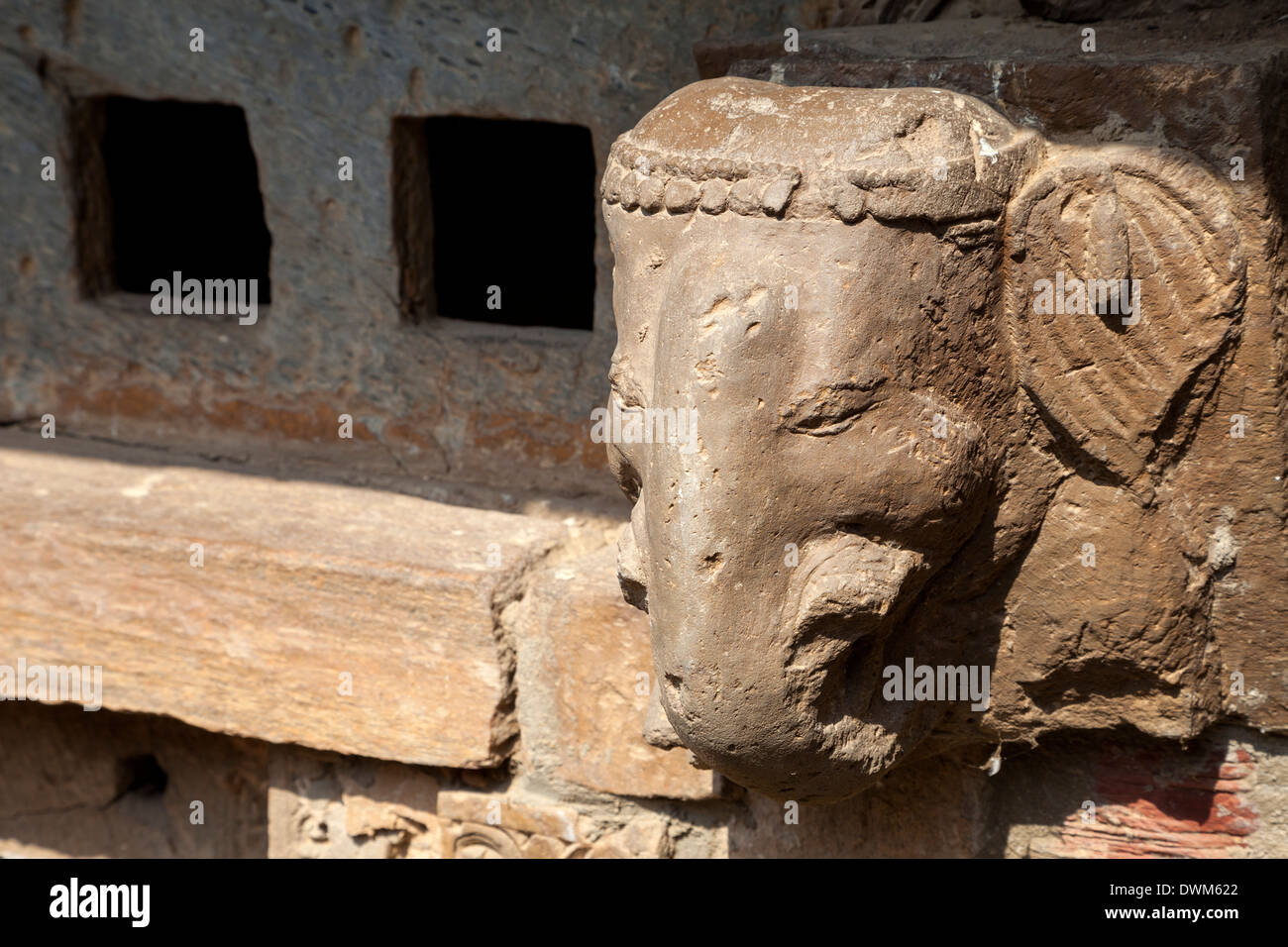 Carved Stone Head of Ganesh, Hindu Protector of Households, Chand Baori Step Well, Abhaneri, Rajasthan, India. Built 800-900A.D. Stock Photo