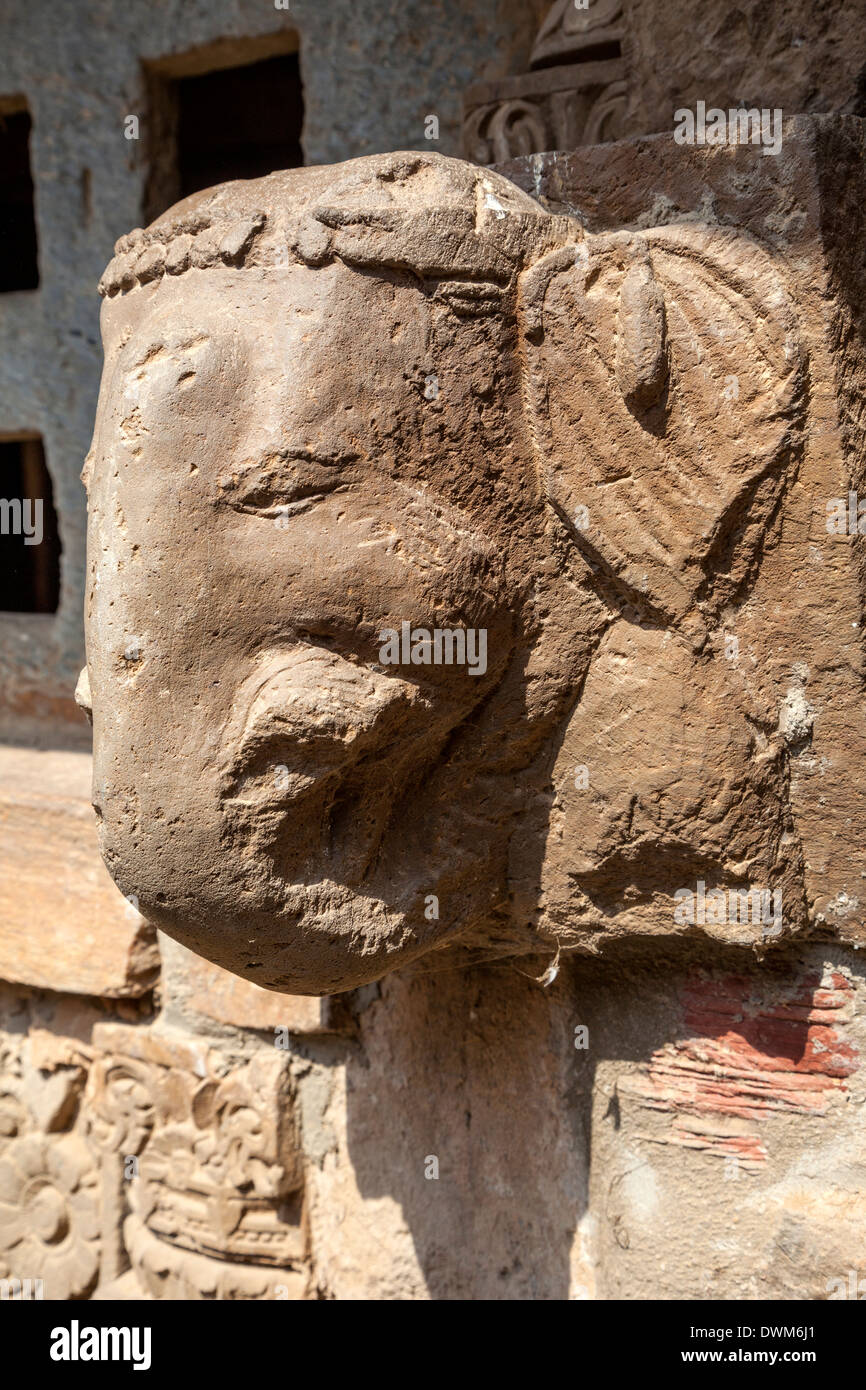 Carved Stone Head of Ganesh, Hindu Protector of Households, Chand Baori Step Well, Abhaneri, Rajasthan, India. Built 800-900A.D. Stock Photo