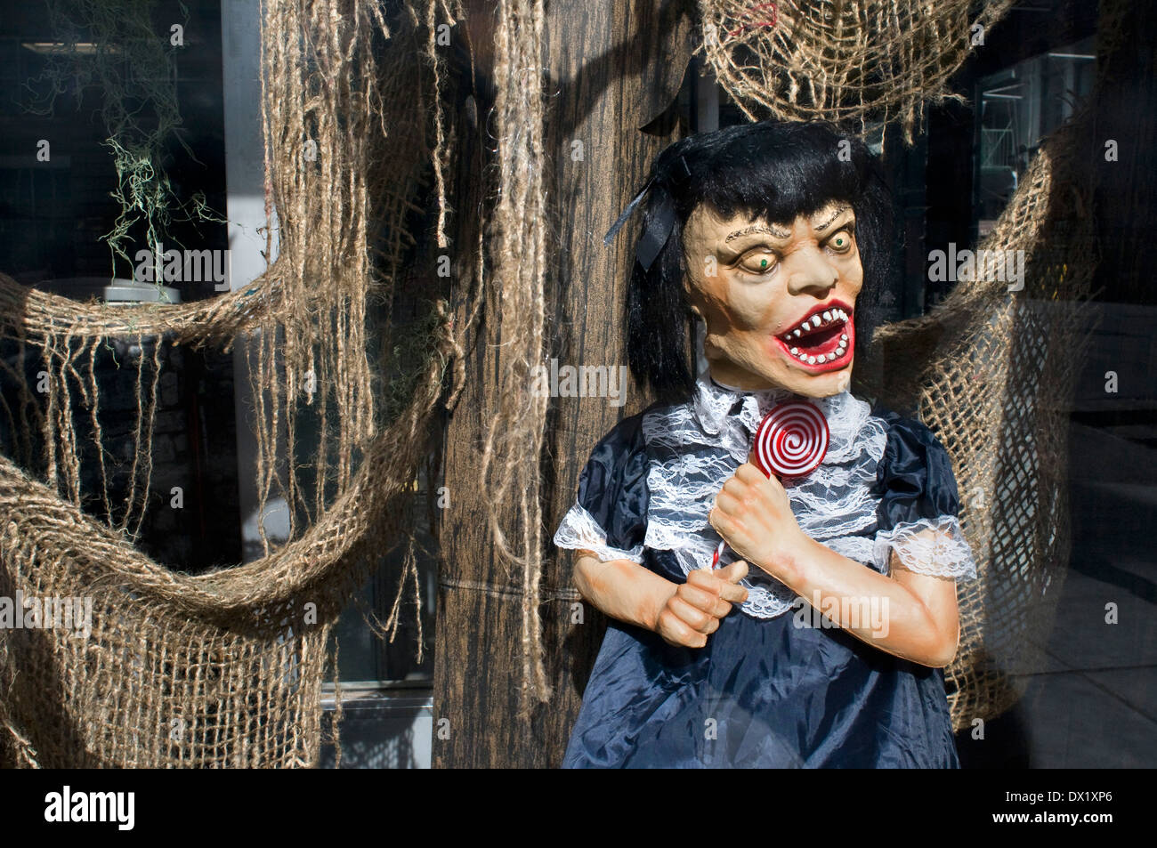 A decorated storefront in one of the boutiques in the East Village. In this neighborhood there are a variety of gothic clothing Stock Photo