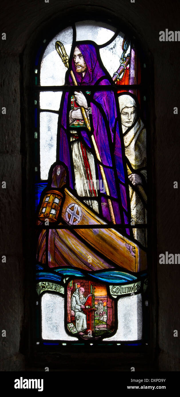 Stained glass window depicting St Columba in St Margaret's Chapel in Edinburgh Castle. Stock Photo