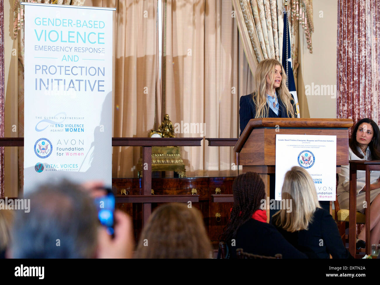 Avon Global Ambassador Fergie Delivers Remarks at the Launch of the Gender-Based Violence Emergency Response and Protection Initiative Stock Photo