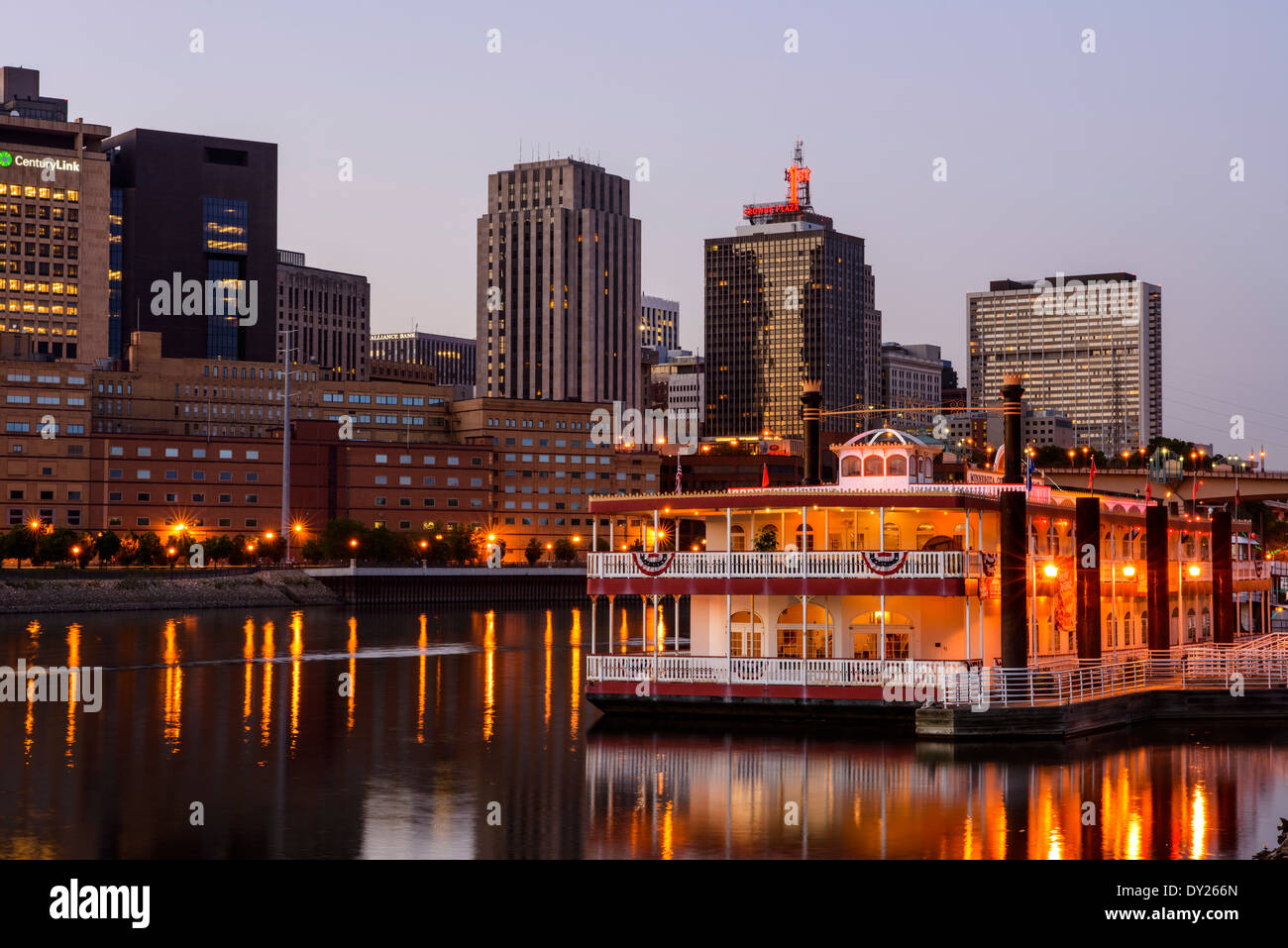 Saint Paul, Minnesota skyline with river boat at dusk. Stock Photo