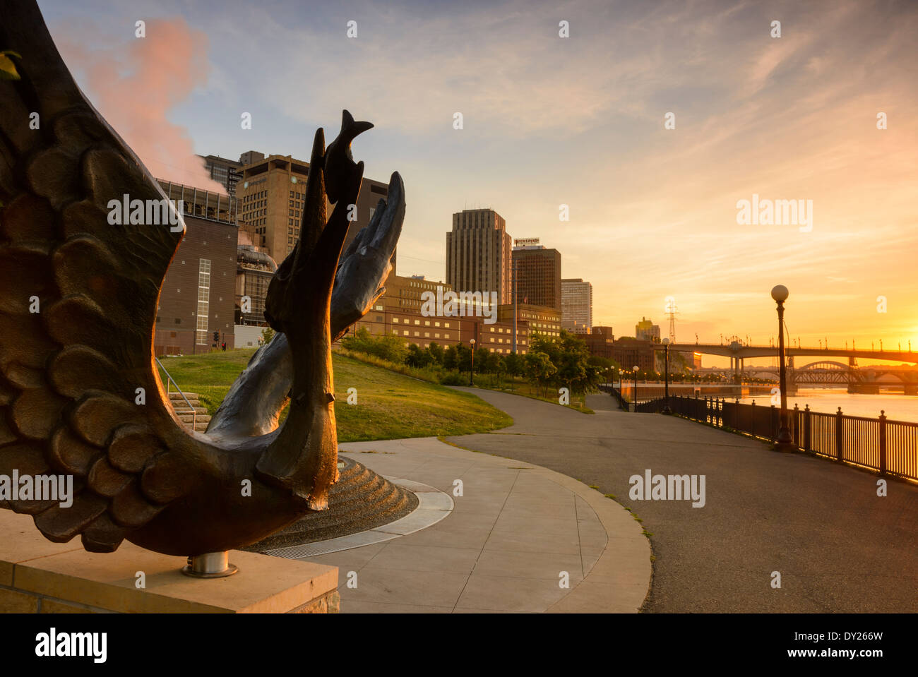 Sculpture along the Mississippi River at Upper Landing Park downtown Saint Paul, Minnesota. Stock Photo