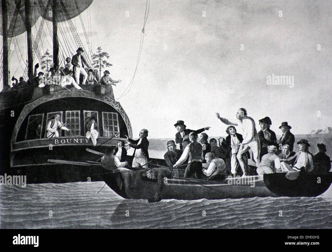 The mutiny of the 'Bounty'. The print shows Captain Bligh in his shirt-sleeves being pushed off in the boat in which he made his wonderful passage. Stock Photo