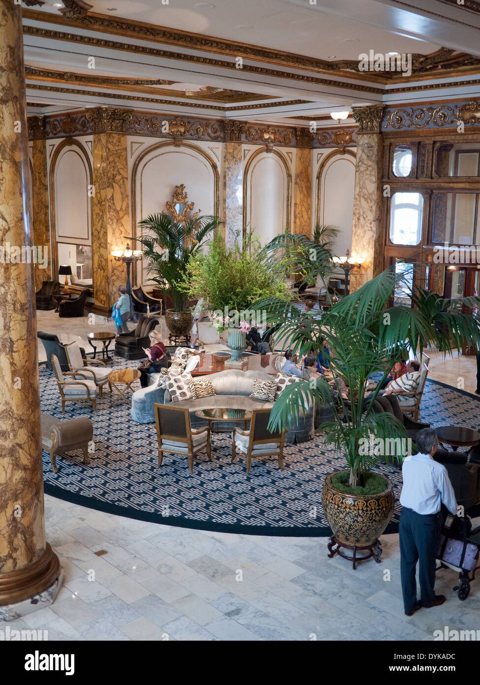 A view of the lobby interior of the historic and luxurious Fairmont San Francisco Hotel in San Francisco, California. Stock Photo