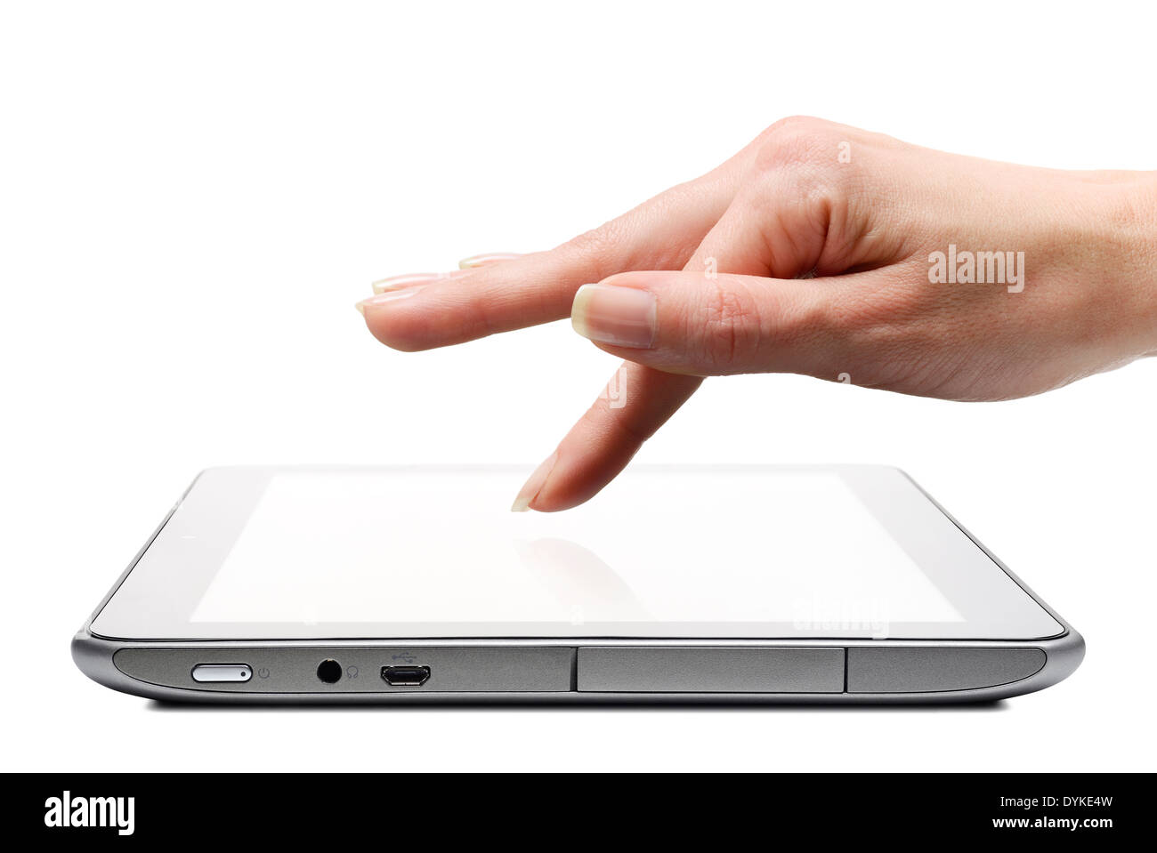 Tablet App Being Selected by a Finger on the Touchscreen, Cut Out, Close Up. Stock Photo