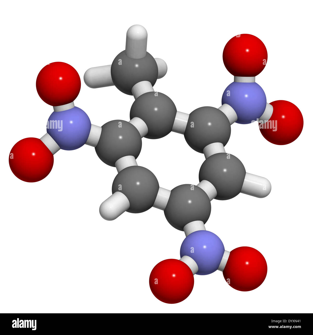 Trinitrotoluene (TNT) explosive molecule. Atoms are represented as spheres with conventional color coding Stock Photo