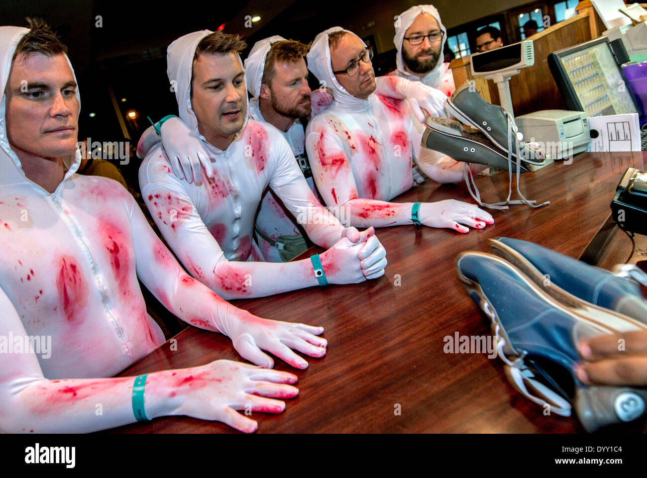 Fountain Valley, California, USA. 26th Apr, 2014. Film wardrobe costuming is de rigeuer for the Lebowski Fest Bowling Party at Fountain Bowl. The long-running festival celebrates the Coen Brothers' 1998 cult film, 'The Big Lebowski. © Brian Cahn/ZUMAPRESS.com/Alamy Live News Stock Photo