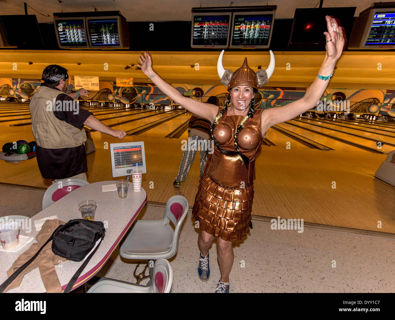 Fountain Valley, California, USA. 26th Apr, 2014. Film wardrobe costuming is de rigeuer for the Lebowski Fest Bowling Party at Fountain Bowl. The long-running festival celebrates the Coen Brothers' 1998 cult film, 'The Big Lebowski. © Brian Cahn/ZUMAPRESS.com/Alamy Live News Stock Photo