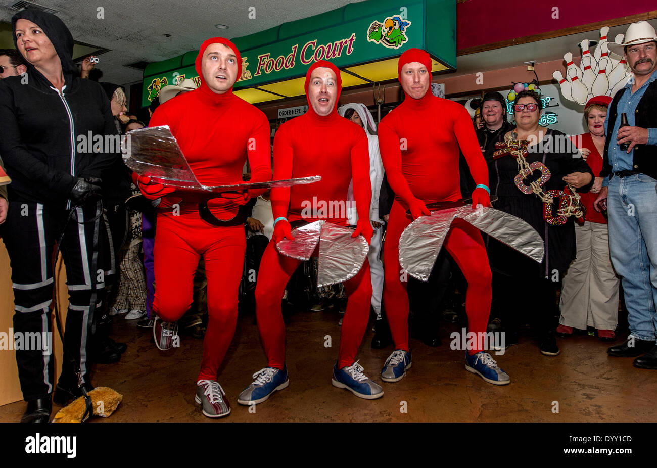 Fountain Valley, California, USA. 26th Apr, 2014. Film wardrobe costuming is de rigeuer for the Lebowski Fest Bowling Party at Fountain Bowl. The long-running festival celebrates the Coen Brothers' 1998 cult film, 'The Big Lebowski. © Brian Cahn/ZUMAPRESS.com/Alamy Live News Stock Photo