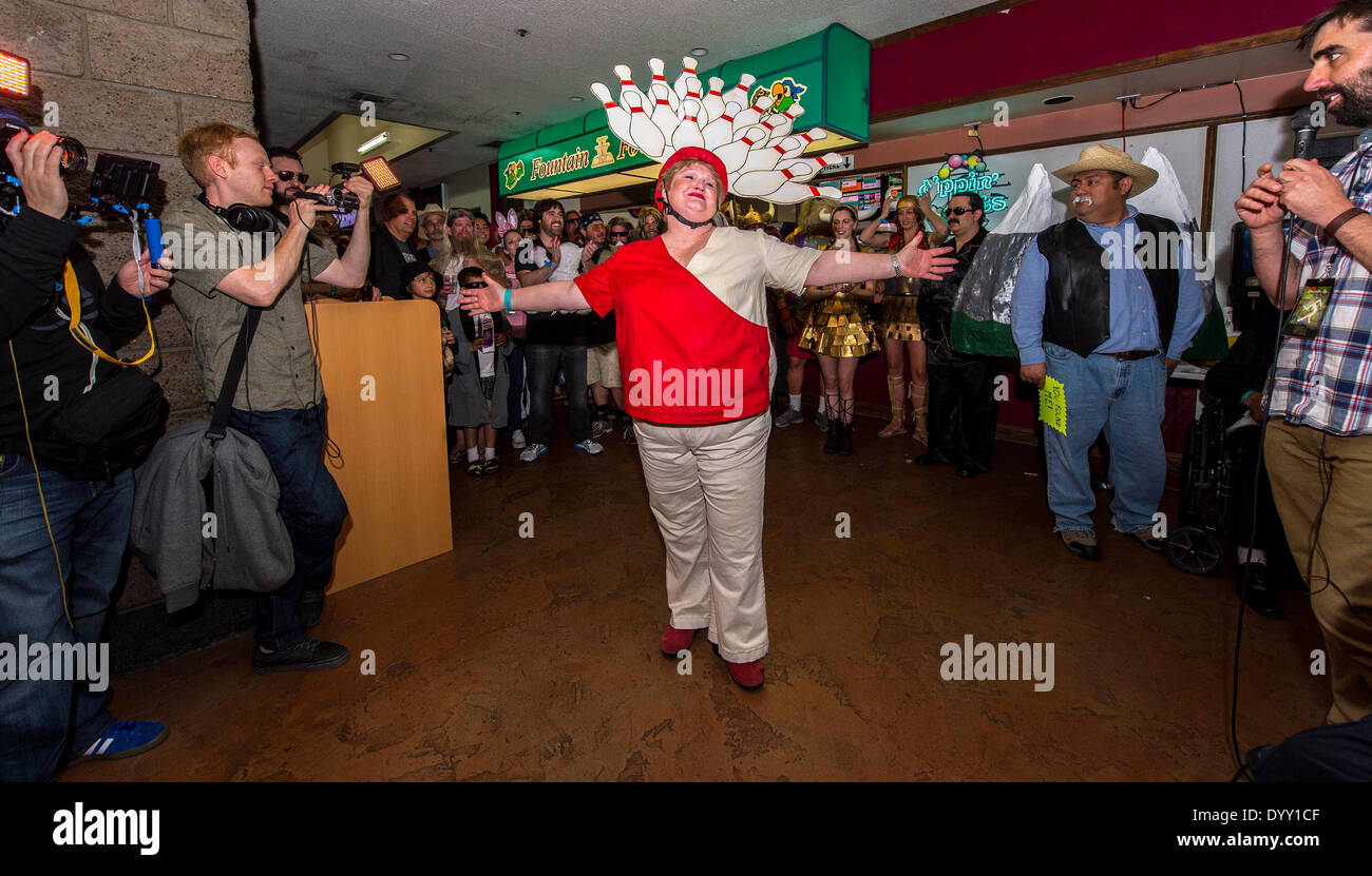 Fountain Valley, California, USA. 26th Apr, 2014. Film wardrobe costuming is de rigeuer for the Lebowski Fest Bowling Party at Fountain Bowl. The long-running festival celebrates the Coen Brothers' 1998 cult film, 'The Big Lebowski. © Brian Cahn/ZUMAPRESS.com/Alamy Live News Stock Photo