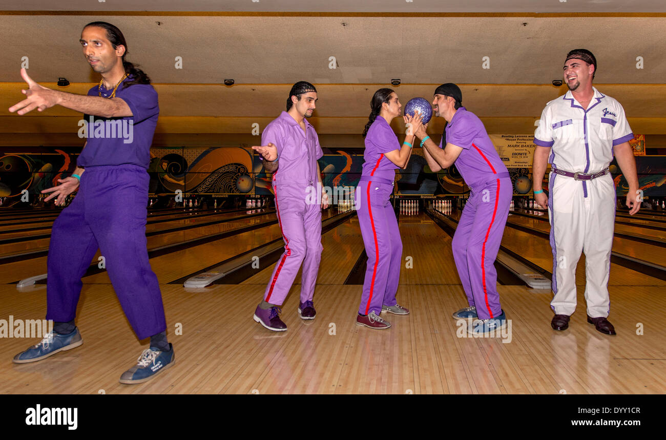 Fountain Valley, California, USA. 26th Apr, 2014. Film wardrobe costuming is de rigeuer for the Lebowski Fest Bowling Party at Fountain Bowl. The long-running festival celebrates the Coen Brothers' 1998 cult film, 'The Big Lebowski. © Brian Cahn/ZUMAPRESS.com/Alamy Live News Stock Photo