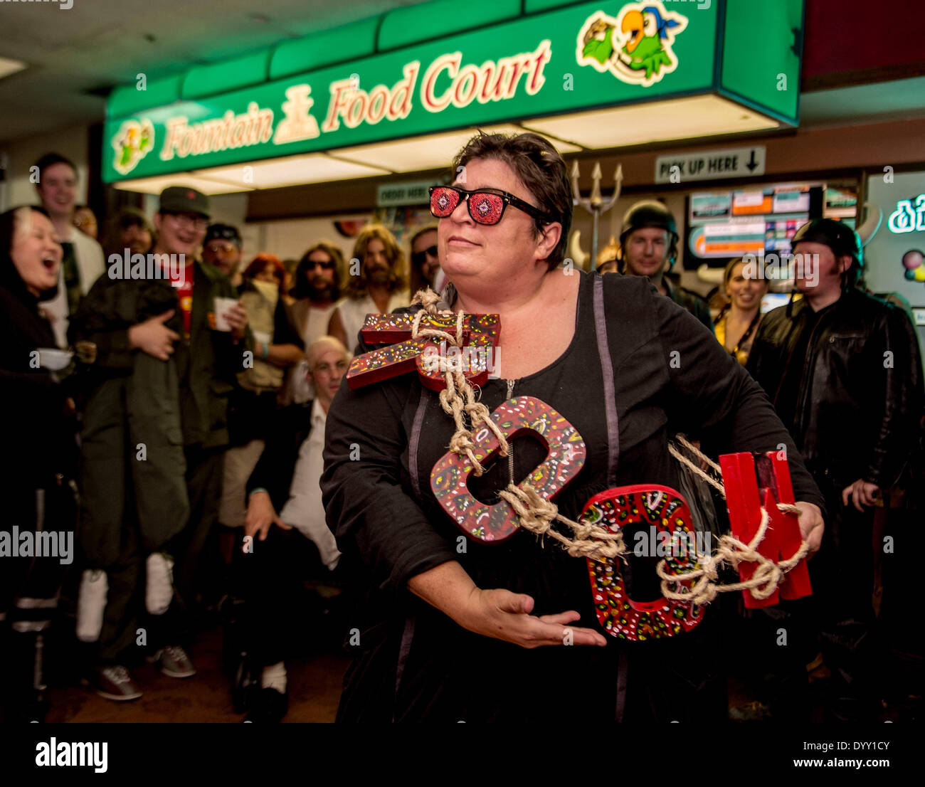 Fountain Valley, California, USA. 26th Apr, 2014. Film wardrobe costuming is de rigeuer for the Lebowski Fest Bowling Party at Fountain Bowl. The long-running festival celebrates the Coen Brothers' 1998 cult film, 'The Big Lebowski. © Brian Cahn/ZUMAPRESS.com/Alamy Live News Stock Photo