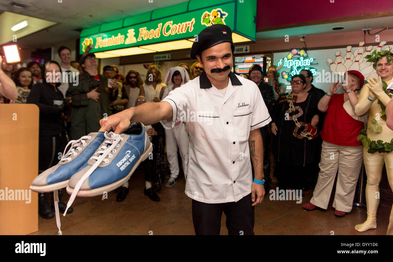 Fountain Valley, California, USA. 26th Apr, 2014. Film wardrobe costuming is de rigeuer for the Lebowski Fest Bowling Party at Fountain Bowl. The long-running festival celebrates the Coen Brothers' 1998 cult film, 'The Big Lebowski. © Brian Cahn/ZUMAPRESS.com/Alamy Live News Stock Photo