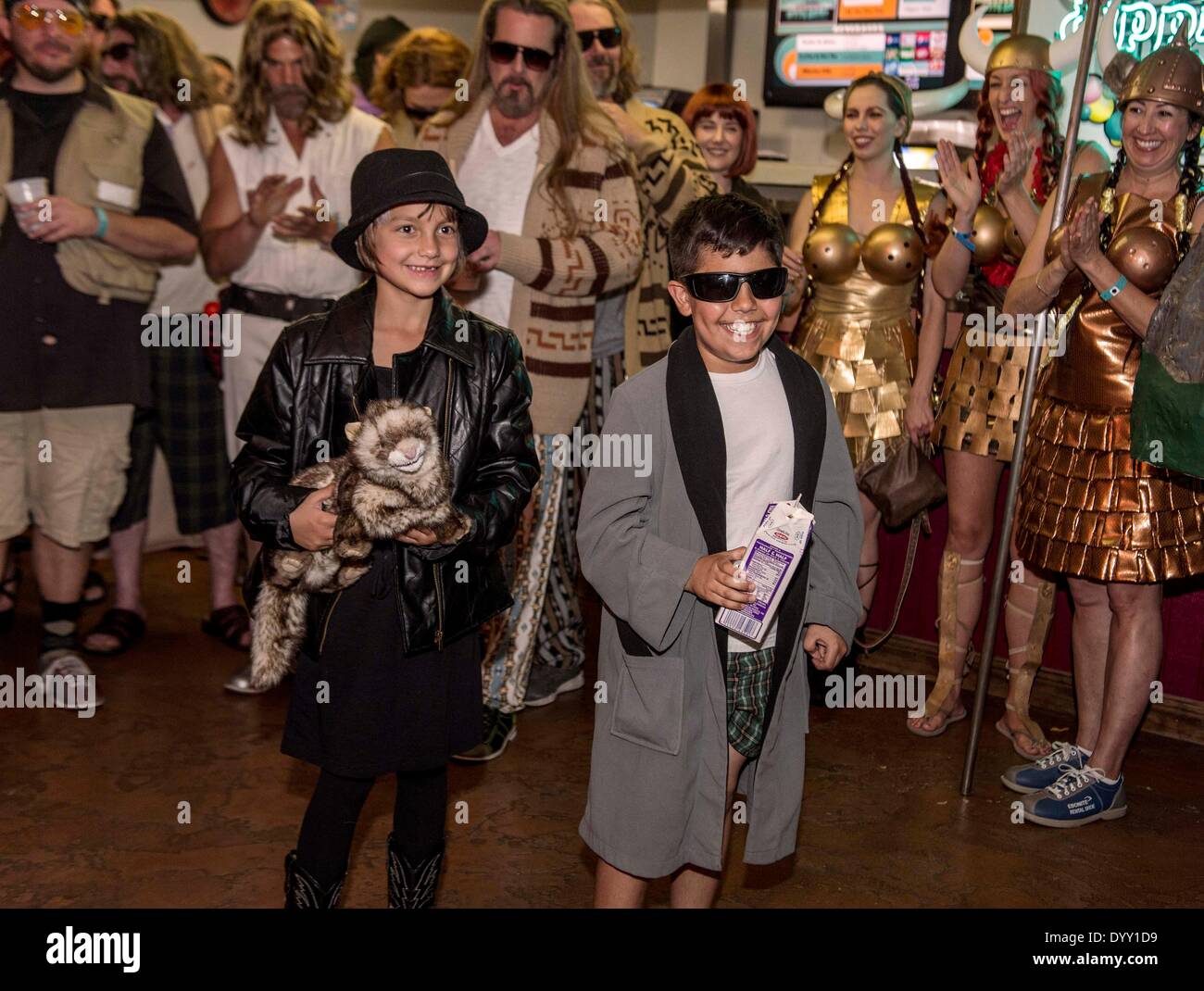 Fountain Valley, California, USA. 26th Apr, 2014. Film wardrobe costuming is de rigeuer for the Lebowski Fest Bowling Party at Fountain Bowl. The long-running festival celebrates the Coen Brothers' 1998 cult film, 'The Big Lebowski. © Brian Cahn/ZUMAPRESS.com/Alamy Live News Stock Photo