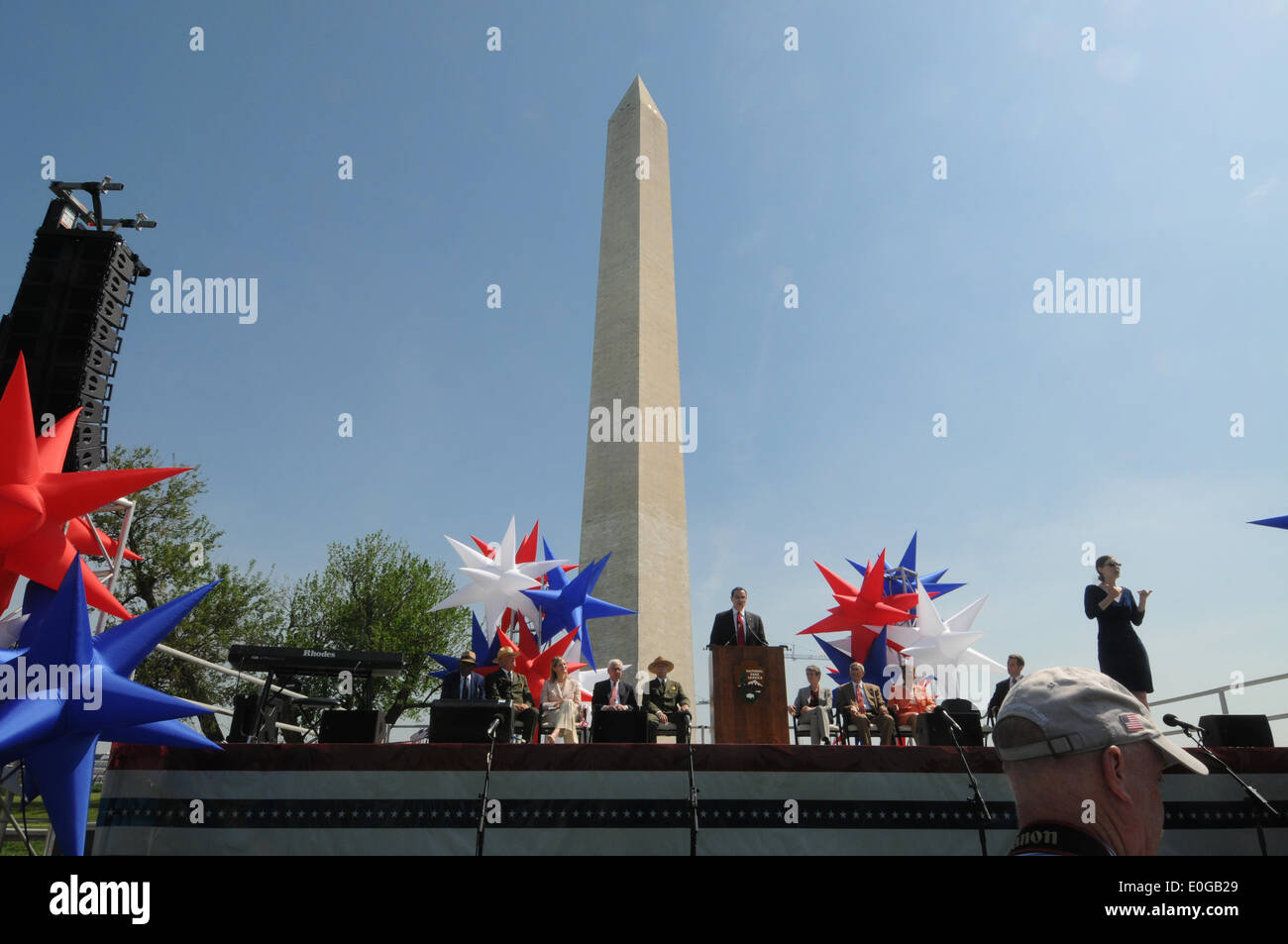 Washington D.C. Mayor Vincent Gray speaks during the reopening ceremony for The Washington Monument after a 2011 earthquake caused $15 million in damage May 12, 2014 in Washington, DC. Stock Photo