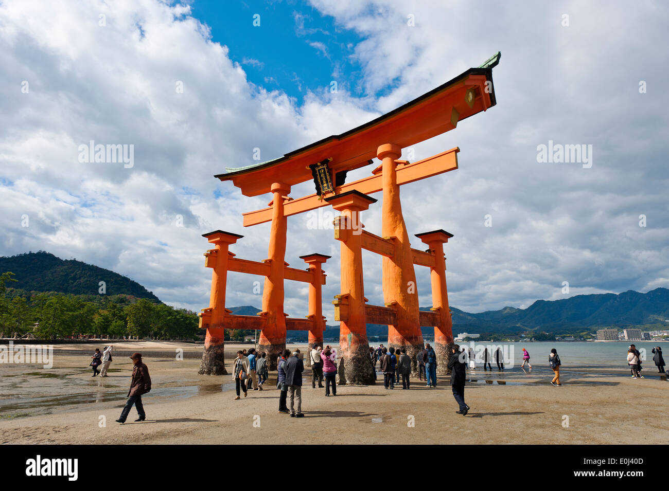 Japan Torii Gate Miyajima Island Itsukushima Shrine Tourists at UNESCO World Heritage Site Stock Photo