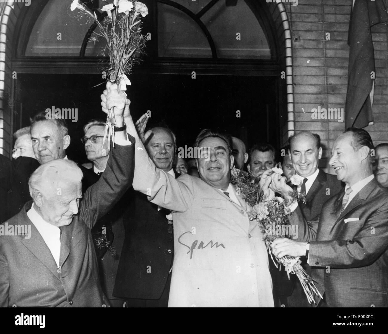 President Svoboda and Leonid Brezhnev hold flowers Stock Photo