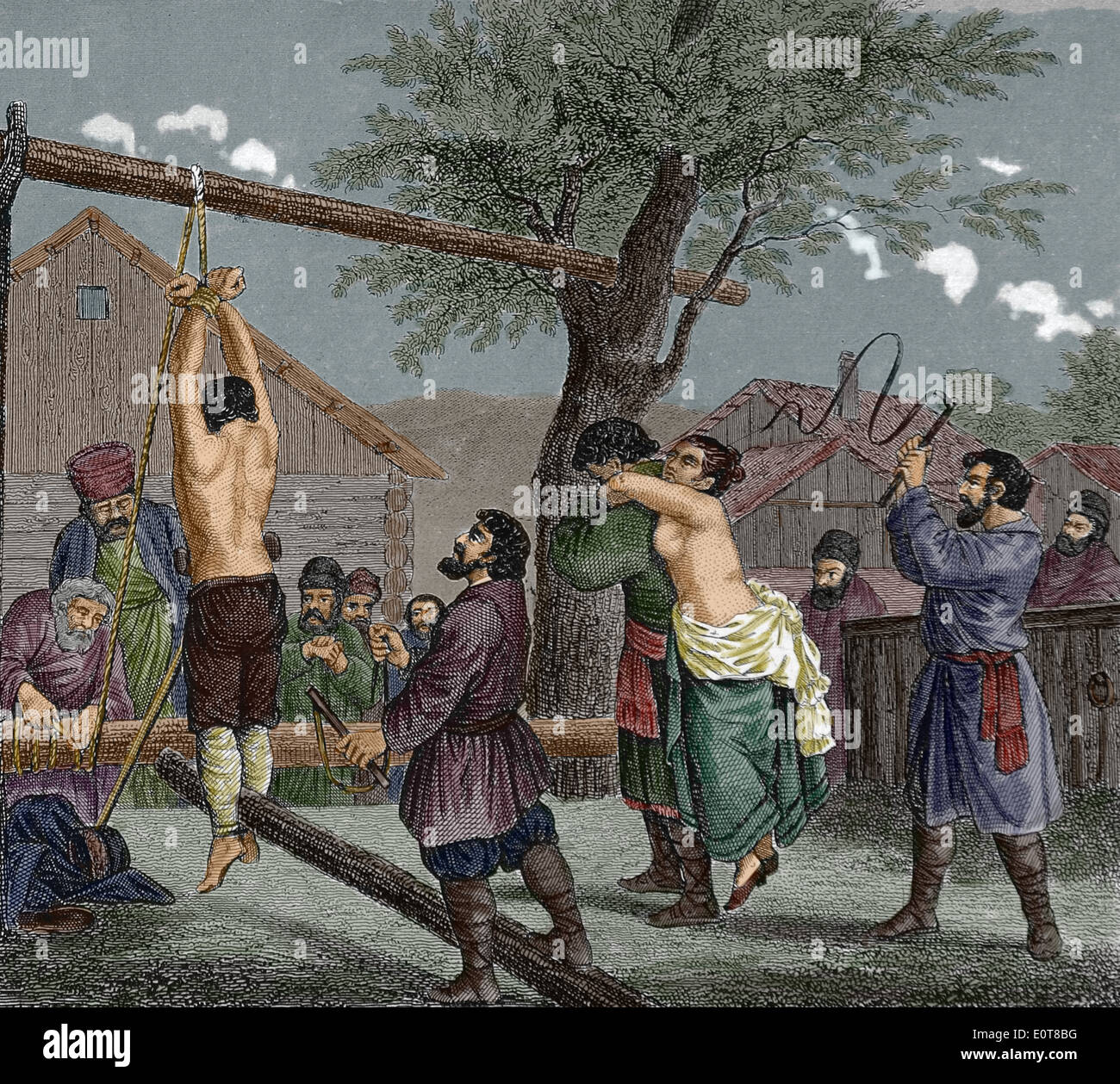 Russia. Punishment with an ordinary knout and with a great knout. 18th century. Engraving. (Later colouration). 19th century Stock Photo