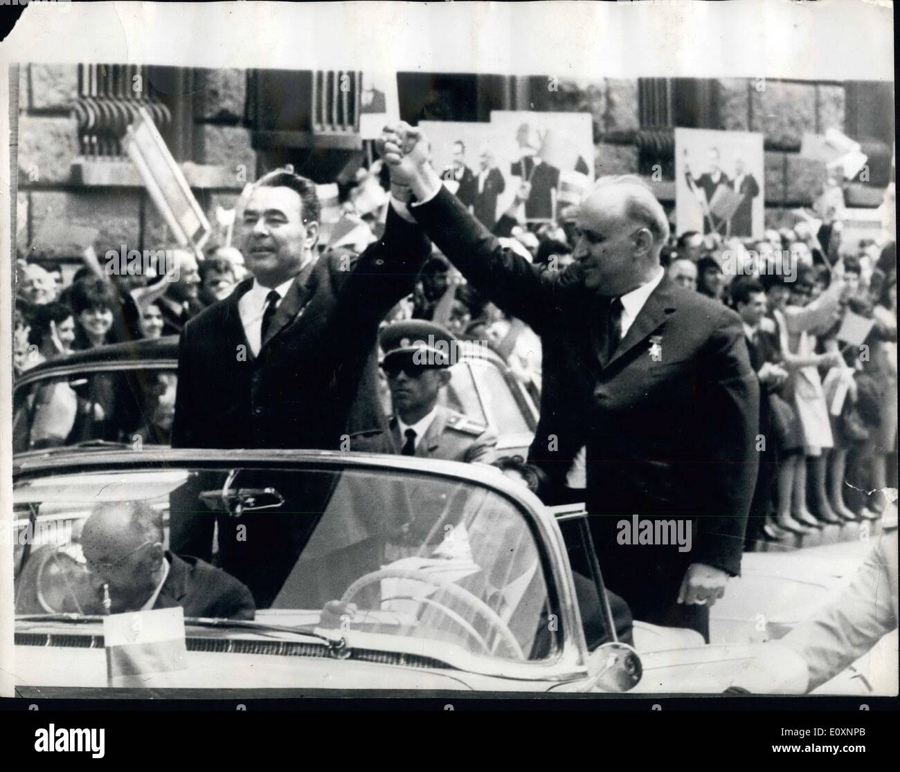 May 05, 1967 - Soviet Party And Government Delegation In Sofia: Ob The invitation of the Central Committee of the Bulgarian Communist Party and the Council of Minister of Bulgaria, a Soviet Party and Government Delegation headed by L. Brezhnev, Secretary General of the CC of CHSU, arrived yesterday ion Sofia. Phot Shows L. Brezhnev (left) and Teodor Zhivkov, First Secretary of the CC and COP and Bulgarian Prime Minister - acknowledging the cheers of the crowd - during the drive from the airport. Stock Photo