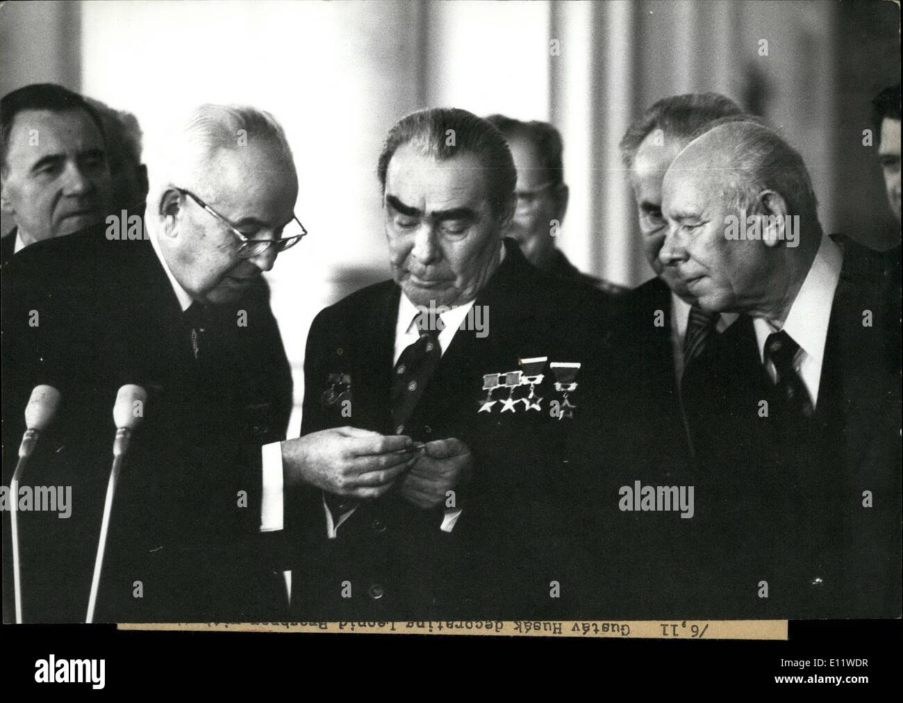 May 05, 1980 - Gustav Husak In Moscow: General Secretary of the Communist Party and President of Czechoslovakia Gustav Husak paid a short friendly visit to Moscow on November 2 at the invitation of the Soviet Communist Party Central Committee. In Moscow, Gustav Husak met with Leonid Brezhnev, General Secretary of the Soviet Communist Party Central Committee Stock Photo