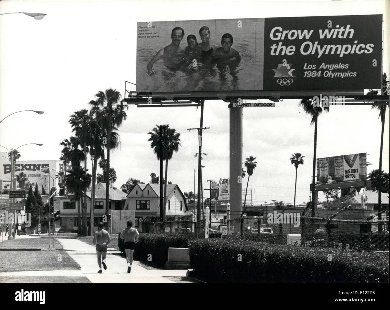 Jul. 07, 1983 - One year before Los Angles Olympics Nothing goes without advertising, Since the Los Angeles Games are planned to be a big business success huge Olympics boards are being erected everywhere already now. Stock Photo