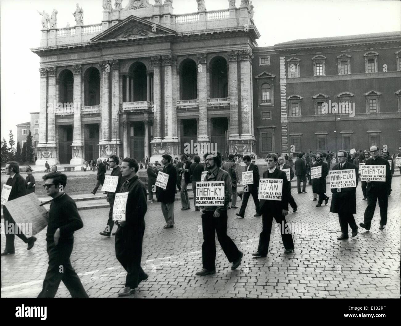 Feb. 26, 2012 - Several Roman Catholic priests in clerical garb marched to St. Peter's Sq. to protest a scheduled meeting between Pope Paul VI and South Vietnamese President Nguyen Van Thien. An estimated 500 Catholic dissenters gathered outside St. John's Basilica and started a march across down town Rome to the Vatican. Several priests bore signs with the names of Buddhist monks who they said are in South Vietnamese prison. Stock Photo