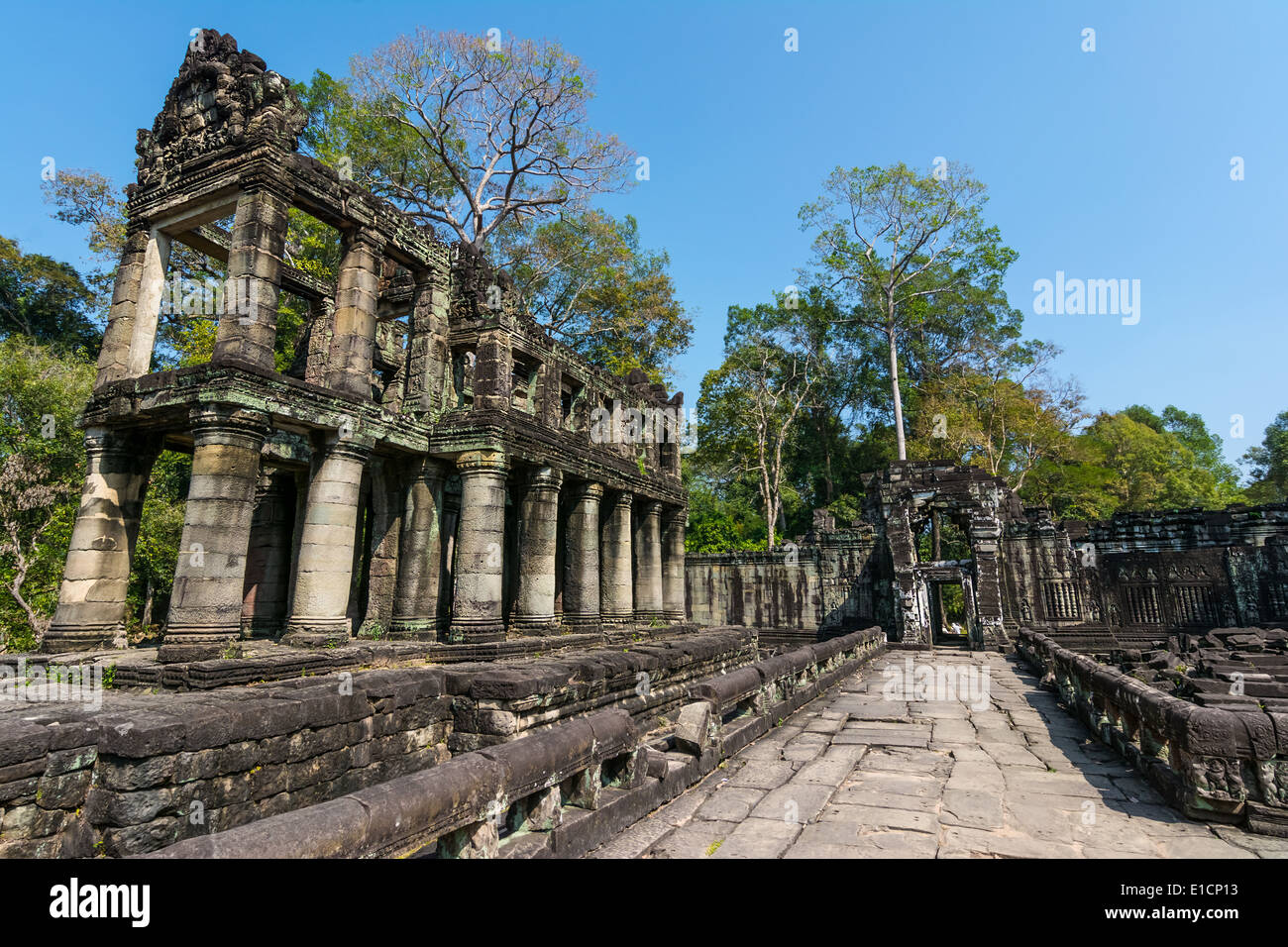 Preah Khan was built in 1191 during the reign of King Jayavarman VII  The central Buddhist temple included an image of the Boddh Stock Photo