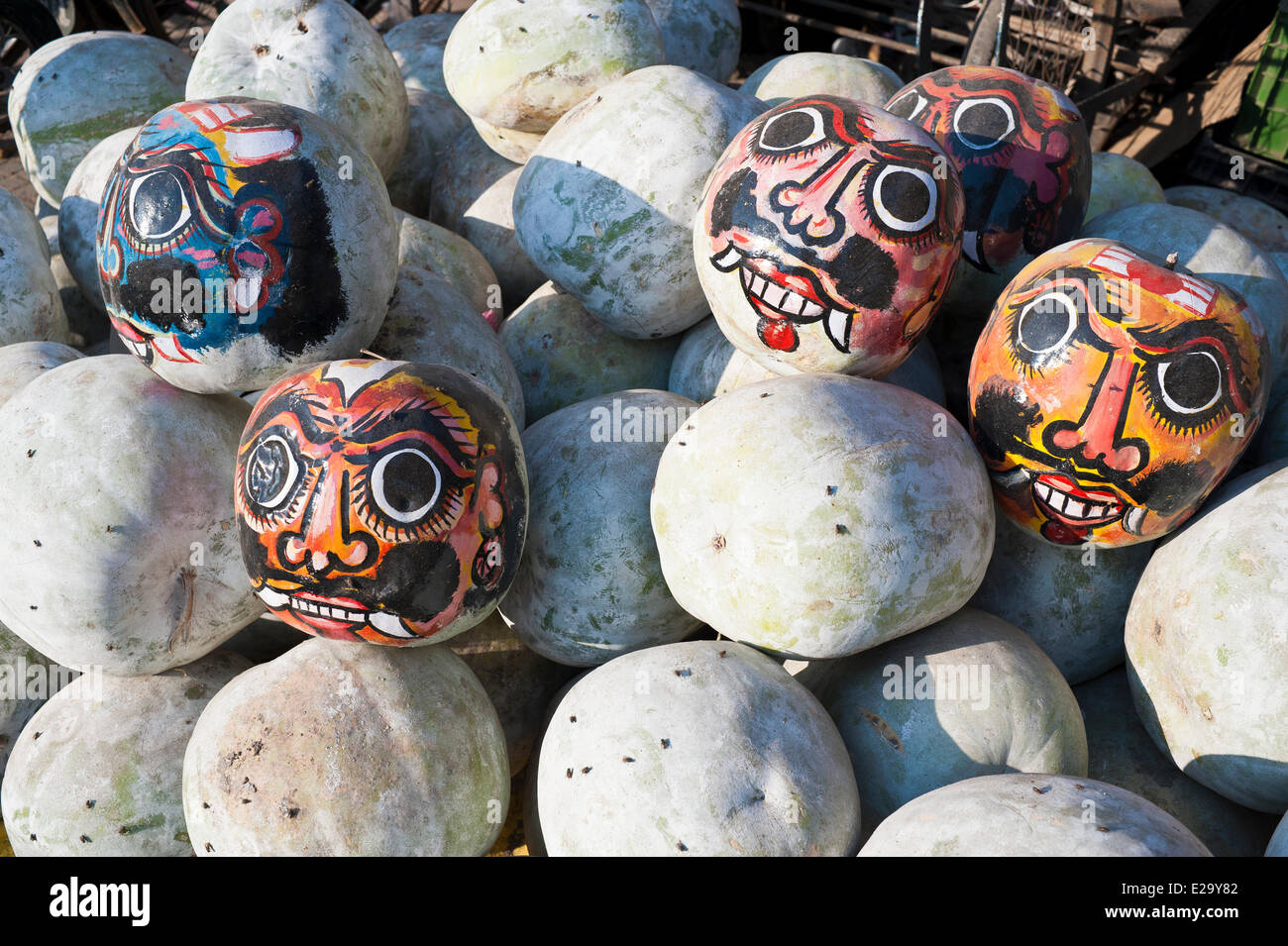 India, Tamil Nadu State, Kanchipuram, protector god painted on gourds Stock Photo