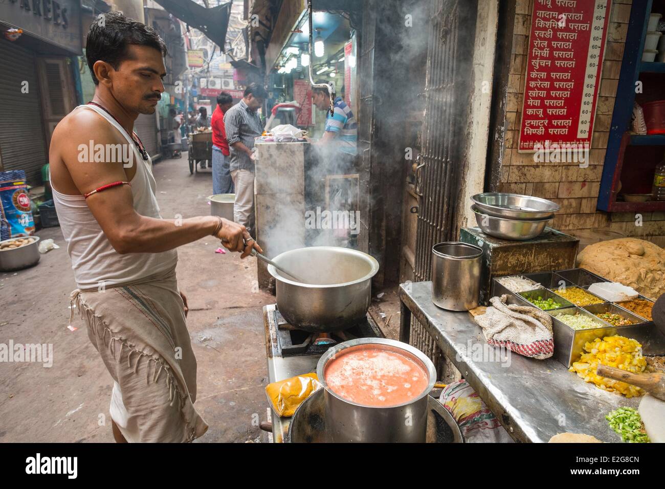 India Old Delhi Chandni Chowk the restaurant Paratha Wali Gali specialised in paratha stuffed bread Stock Photo