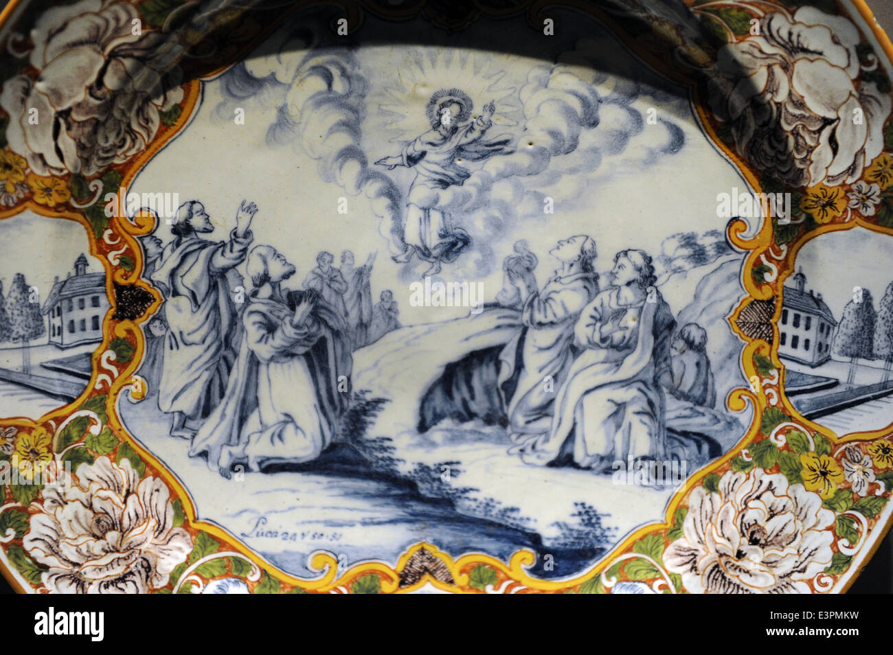 Ceramic. Plate decorated with religious scene.18th century. Ascension of Christ. Catharijneconvent Museum. Utrecht. Netherlands. Stock Photo