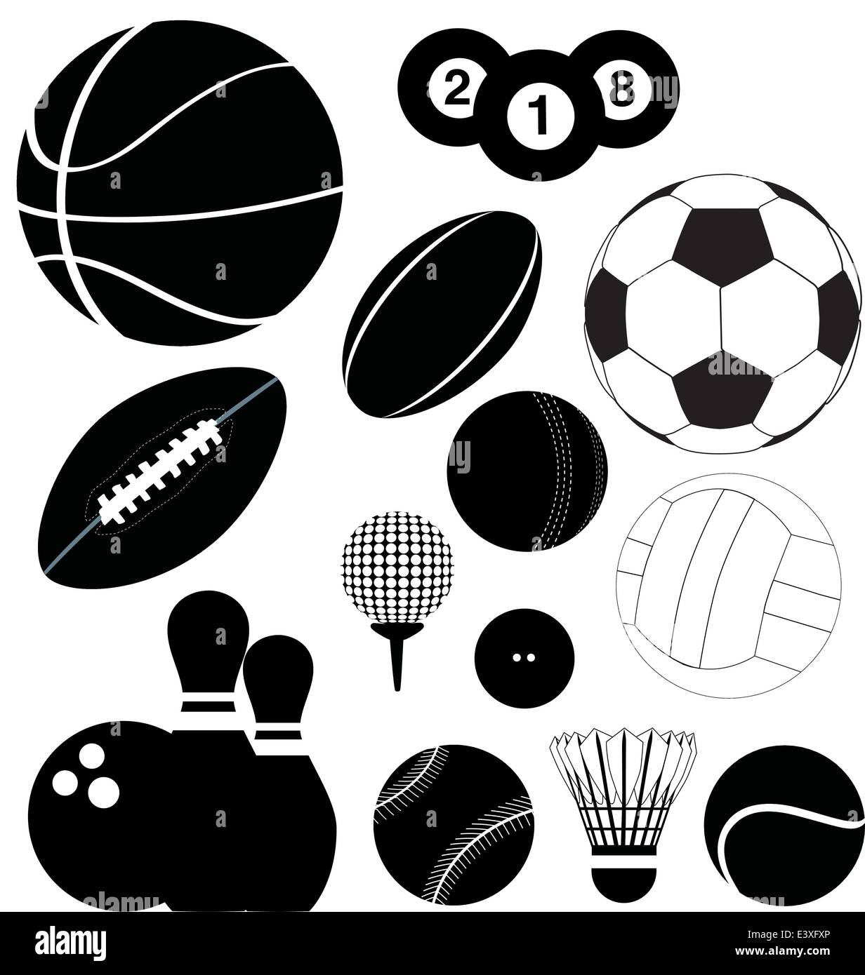 series of black illustrations of sports balls Stock Vector