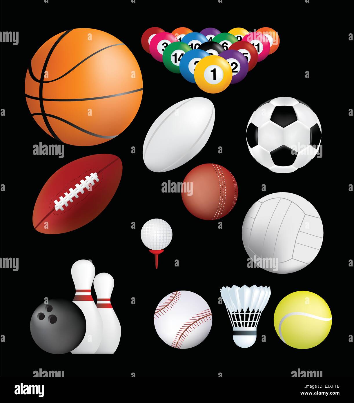 detailed set of sports ball on black background Stock Vector