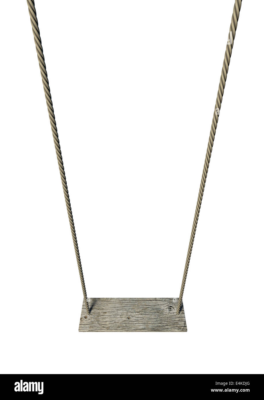 A regular home made swing made of rope and a wooden plank on an isolated white background Stock Photo