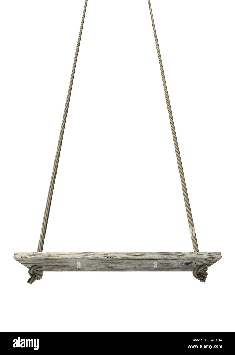 A regular home made swing made of rope and a wooden plank on an isolated white background Stock Photo