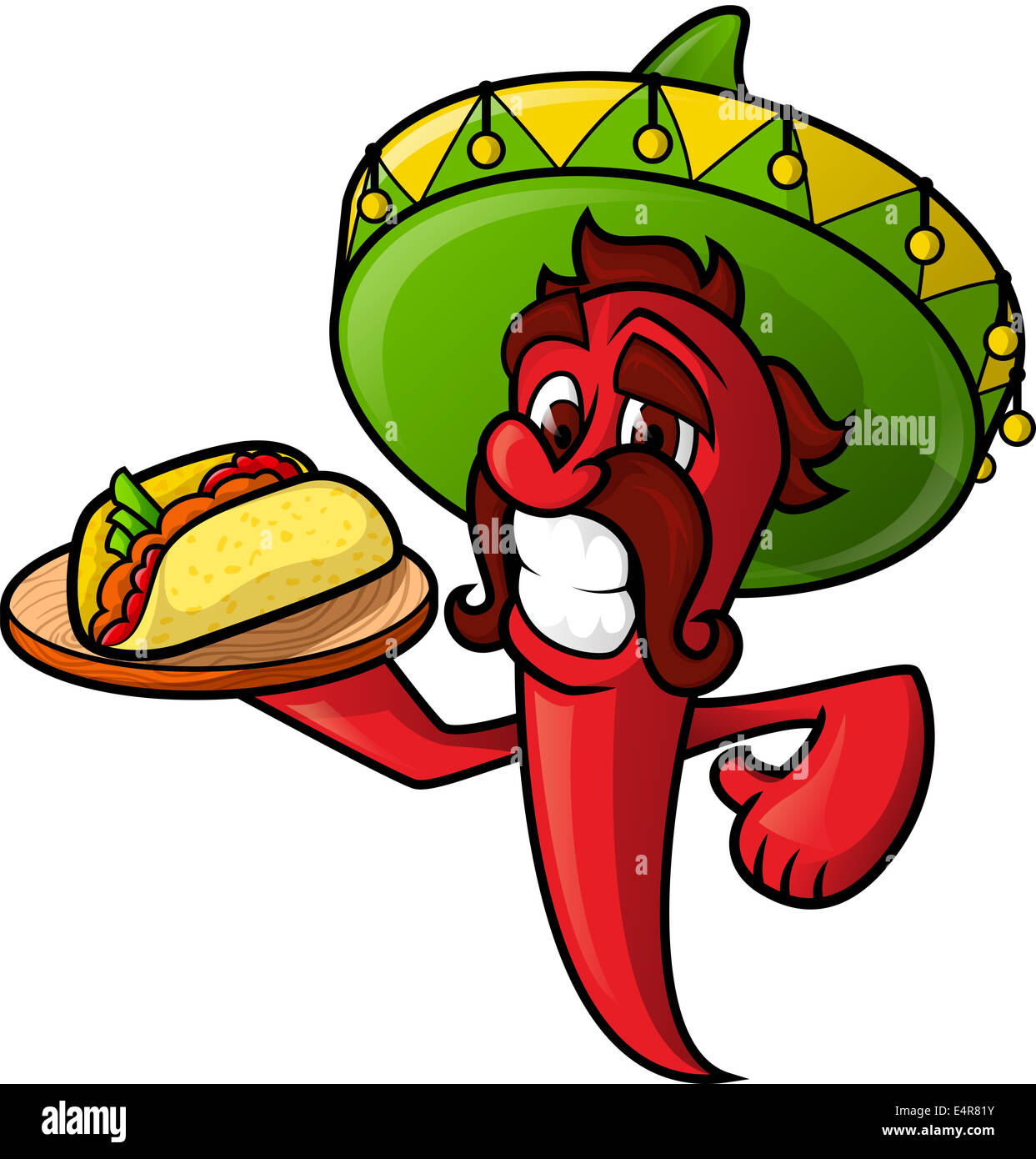 Mexican Pepper holds a tray of tacos. Cheerful character chili pepper with a mustache. Talisman spicy Mexican food. Stock Photo