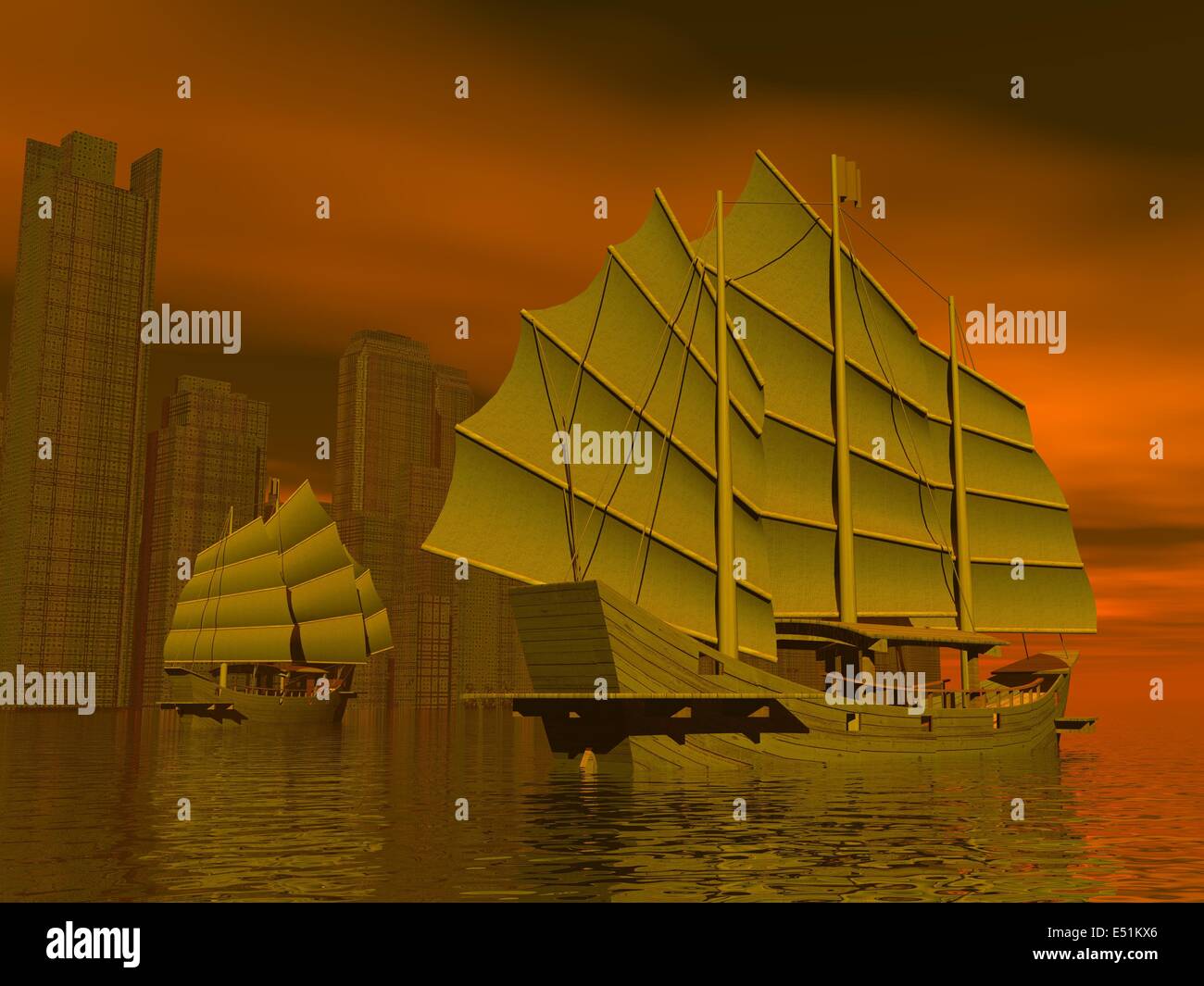 Chinese junk ships - 3D render Stock Photo