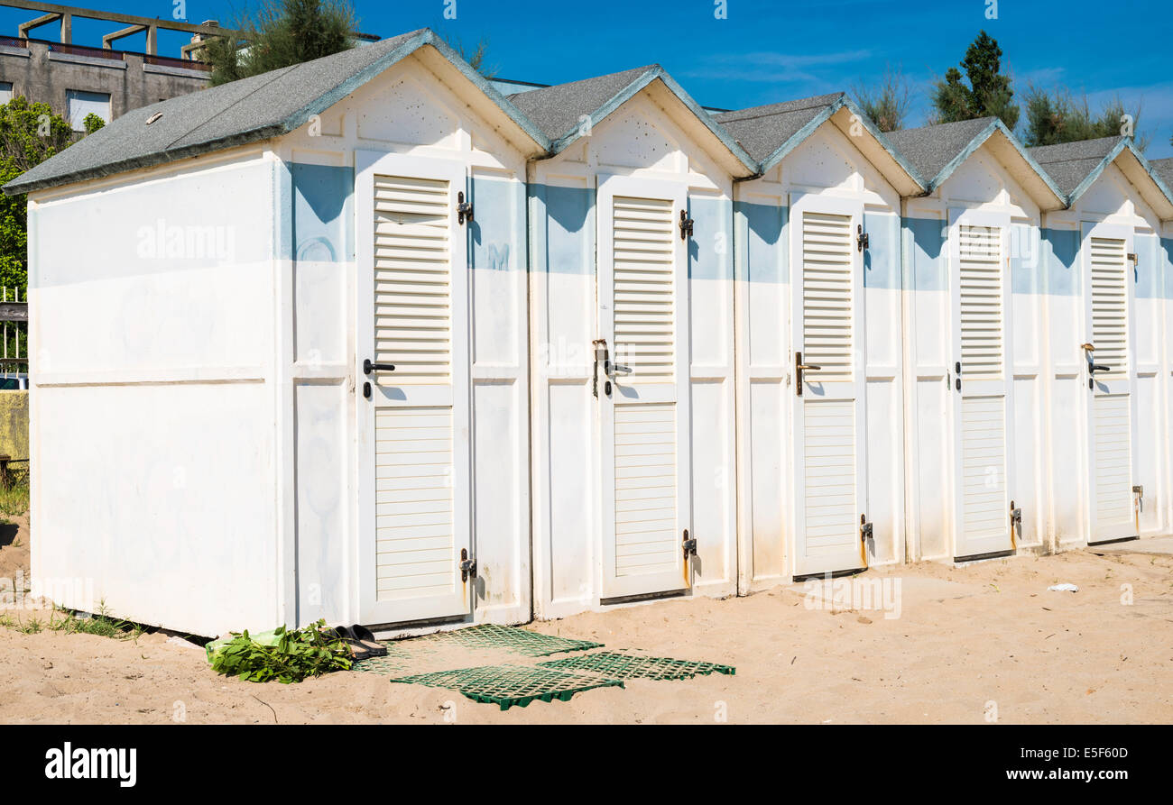 White wooden cabins on the beach. Stock Photo