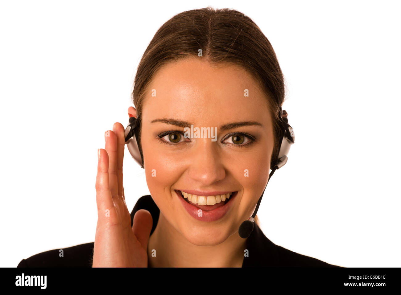 Preety happy asian caucasian business woman with headset isolated Stock Photo