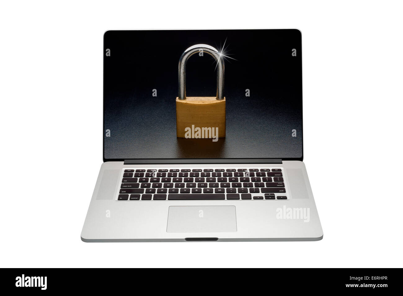 Internet security lock on a laptop computer monitor, isolated on white background Stock Photo